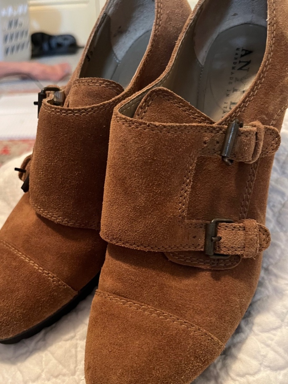 Anyi Lu "Nancy" Double Monk Strap Booties in brown suede